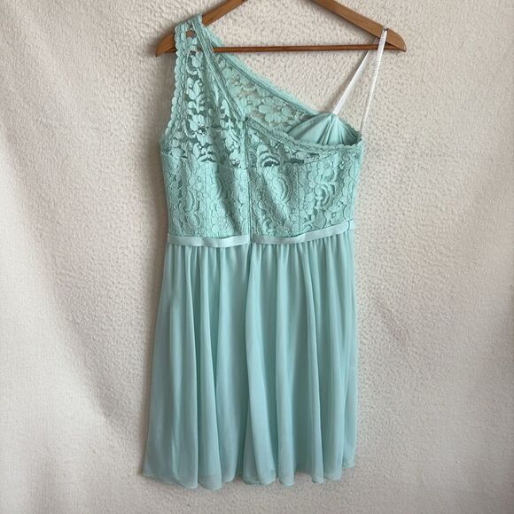 Davids Bridal Short One Shoulder Corded Lace Dress F15711 Womens Size 10 Mint - Picture 5 of 7